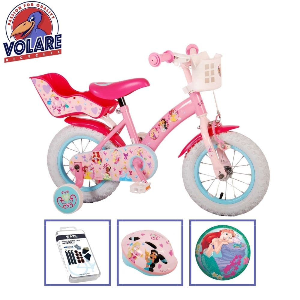 Volare Barncykel Disney Princess - 12 tum - Rosa - Med cykelhjälm och tillbehör