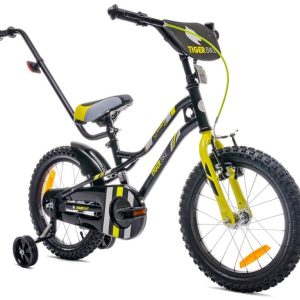 Tiger Bike Barncykel 16 tum träningshjul tryckstång (Svart Gul Grå