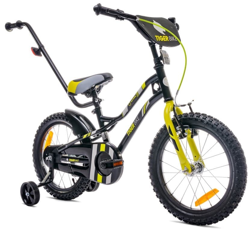 Tiger Bike Barncykel 16 tum träningshjul tryckstång (Svart Gul Grå