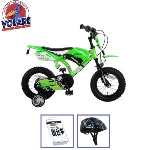 Volare Barncykel Motorcykel - 12 tum - Grön - Två handbromsar - Med cykelhjälm & tillbehör