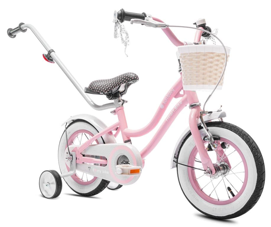 Barncykel Cykel för en flicka 12 tum Korg Handtag Sidohjul Hjärtcykel rosa Sun Baby